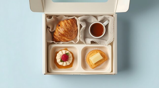 Top View of Gourmet Breakfast Gift Box Featuring Fresh Croissant, Espresso Coffee, Creamy Raspberry Tart, and Buttered Pastry Slice Arranged in an Elegant White Takeaway Container on Blue Surface
