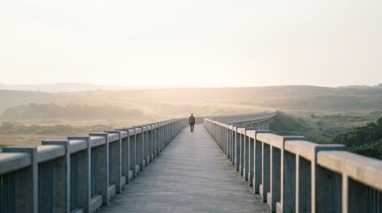 Fototapeta premium Person walking alone on a long bridge at sunrise