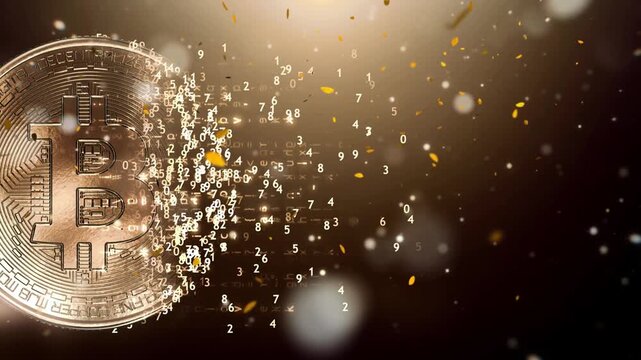 Golden digital currency coin disintegrating into floating binary numbers and glowing particles on dark background with dissolving stream numerical data particles with against dark backdrop, metal coin