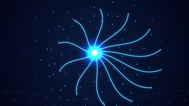 Glowing Neon Blue Spiral Particle Animation on Dark Background with Rotating Fiber Optic Light Rays