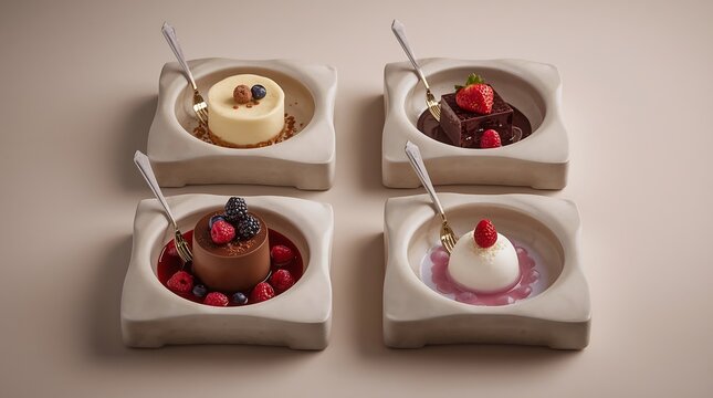 Assorted Gourmet Desserts in Elegant Minimalist Ceramic Bowls Featuring Chocolate Mousse, Cheesecake, and Fruit Puddings Topped with Fresh Berries for Fine Dining and Culinary Luxury Concept