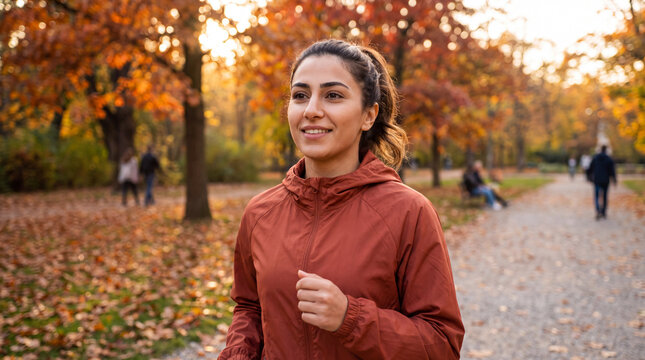 Middle Eastern woman jogs in a city park in a rust windbreaker, calm content autumn expression, for fall activewear posts and wellness campaigns.