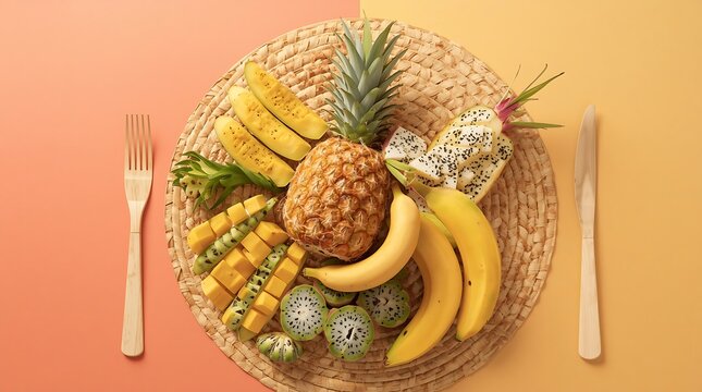 Vibrant and healthy tropical fruit platter with pineapple, bananas, mango, and dragon fruit arranged on a woven mat with wooden cutlery on a colorful pastel background for a vegan lifestyle concept.