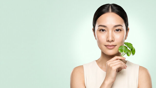 Clean beauty portrait of a woman holding fresh gotu kola leaves against a soft green background, representing botanical skincare, herbal ingredients, natural cosmetics and wellness with generous copy 