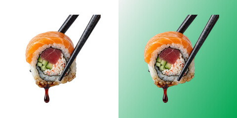 Sushi roll held by chopsticks with dripping soy sauce © DesignFlenock