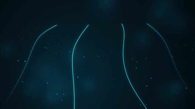 Neon Blue Flowing Light Trails Moving Through Dark Digital Space With Sparkling Particles Background
