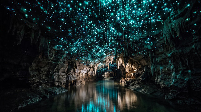 Bioluminescent Glowworms Glowing Blue In Waitomo Cave New Zealand