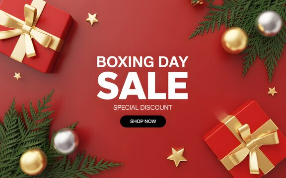 Boxing day sale banner with red gift boxes and golden ribbons on a red background