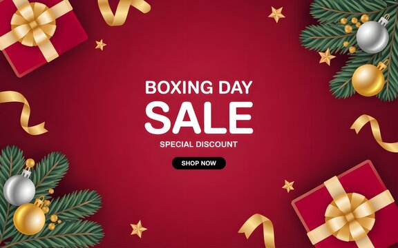 Boxing day sale banner with red background, gift boxes, golden ribbons and christmas ornaments