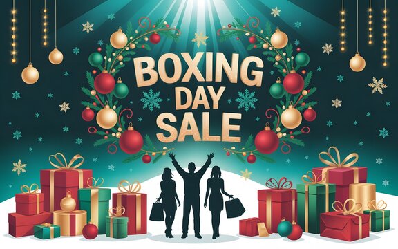 Boxing day sale featuring a christmas wreath, gift boxes and silhouettes of happy shoppers