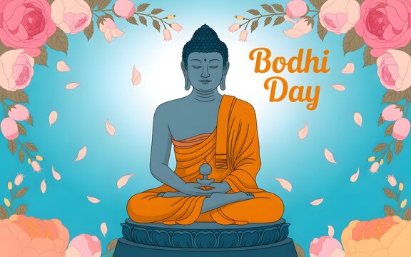 Buddha sitting in meditation pose for bodhi day celebration with floral frame spiritual