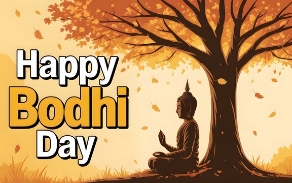 Buddha sitting under a bodhi tree with falling leaves for the celebration of happy bodhi day