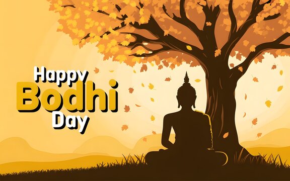 Buddha sitting under a bodhi tree with falling leaves for the celebration of happy bodhi day