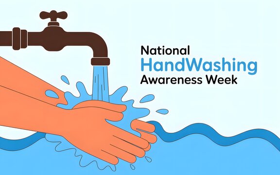 Hands being washed under a brown faucet with water splash for national handwashing awareness week