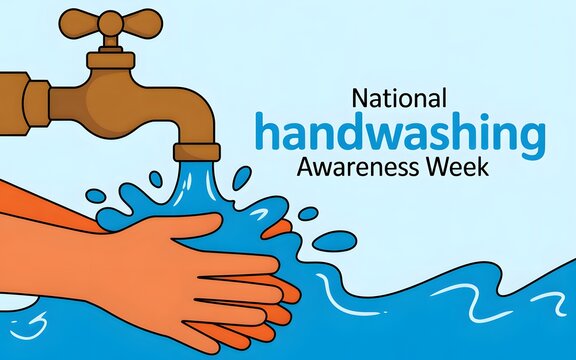 Hands being washed under a brown faucet with water splash for national handwashing awareness week