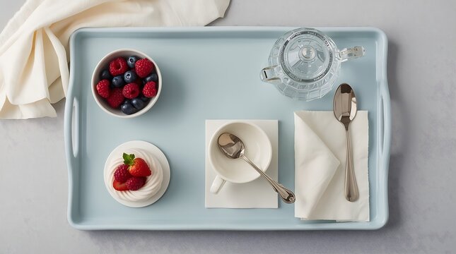 High angle view of a healthy breakfast or afternoon tea set served on a light blue tray featuring a bowl of fresh berries, a fruit pavlova dessert, an empty ceramic teacup, and a glass teapot.