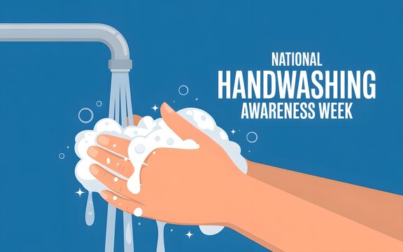 Hands being washed under a faucet with soap suds for national handwashing awareness week concept