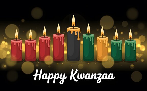 Kwanzaa kinara candles with flames glowing against a dark background, with bokeh lights