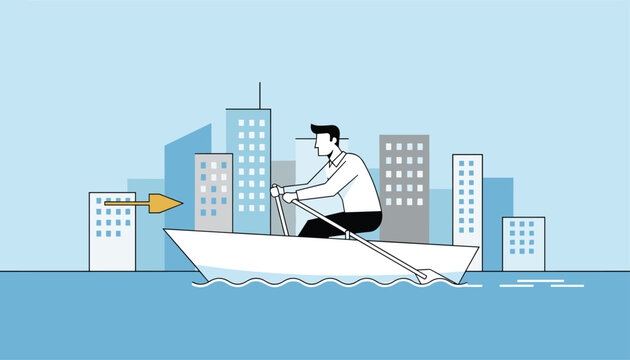Businessman rowing a small boat on blue water with modern city skyscraper buildings in the background.