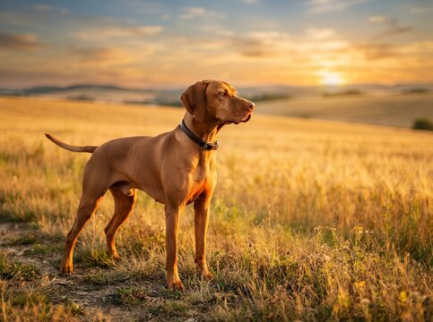 Vizsla dog standing in a golden field at sunset with warm light.