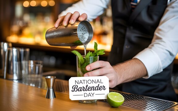 National bartender day scene with a bartender pouring a drink into a glass with fresh mint leaves