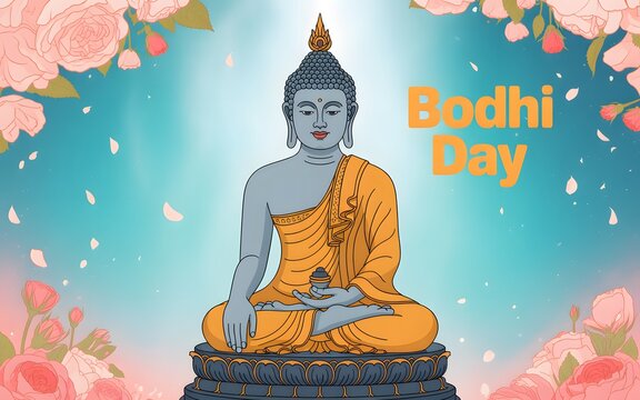 Of buddha sitting on a lotus base surrounded by pink flowers for bodhi day event