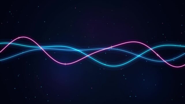 Neon Wave Motion Background with Glowing Pink and Blue Sine Waves on a Dark Particle Starry Field