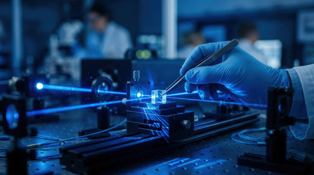 Scientist conducting laser physics experiment in laboratory
