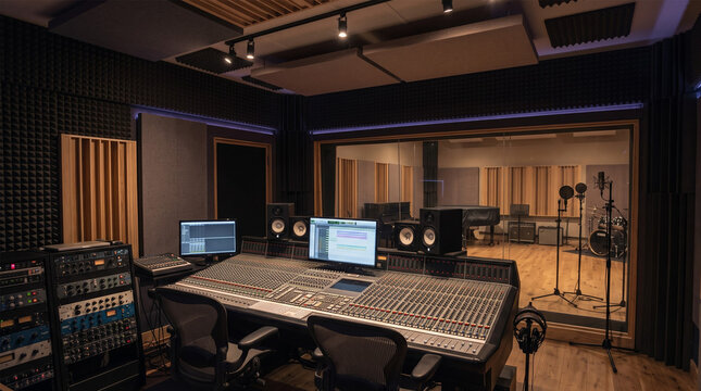 Professional Music Recording Studio Control Room with Large Audio Mixing Console