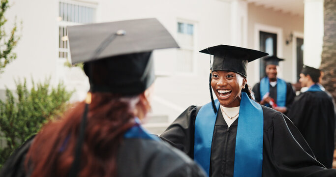 Excited, students and hug at campus for graduation, event and congratulations for degree completion. Smile, women and embrace graduate with college diploma, accolade award and learning accomplishment