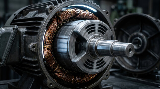 Industrial electric motor winding and rotor machinery in workshop