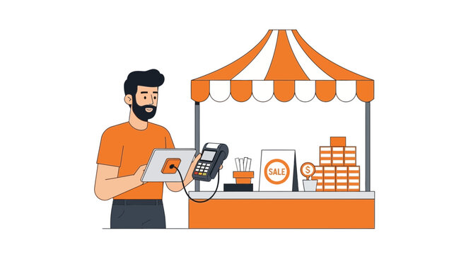 Small Business Owner Using POS Terminal and Tablet at Market Stall for Digital Payments Vector Illustration