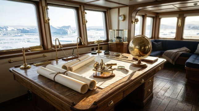 Vintage ship captain cabin interior with maps and arctic ocean view
