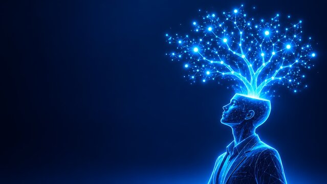 Conceptual human head with a glowing digital tree growing from the brain as a symbol of growth. global teacher mind growth mental development artificial intelligence. global teacher