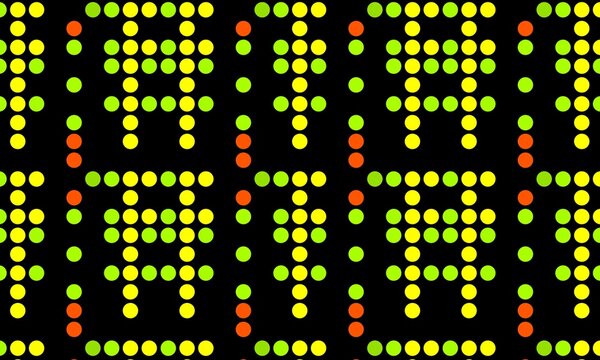 Seamless digital dot matrix pattern with repeating yellow, lime green, and orange circular pixel glyphs over a black background.