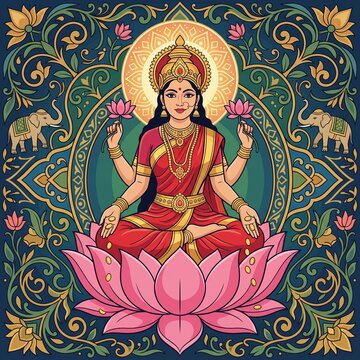 Goddess lakshmi sitting on a pink lotus flower Vector