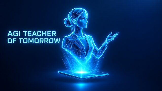 Artificial intelligence teacher hologram standing above a digital desk teaching concepts. global teacher with AI teacher digital educator holographic teacher online classroom. global teacher