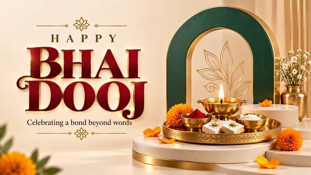Festive greeting composition for bhai dooj with a lit diya lamp and traditional sweets on a decorative tray