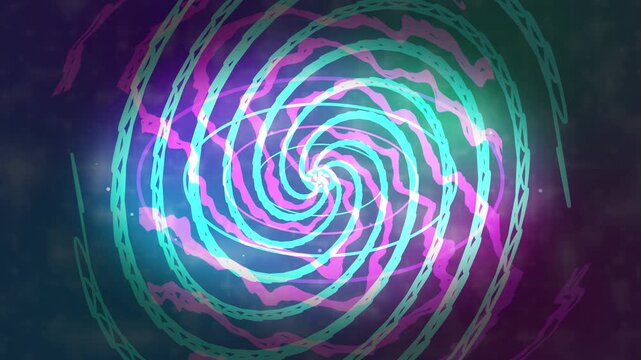 vibrant swirling vortex motion graphic with neon pink and cyan lines on dark nebula background, abstract energetic loop