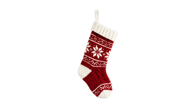 A single red knitted Christmas stocking on a plain white background, soft studio light, photorealistic, no text.