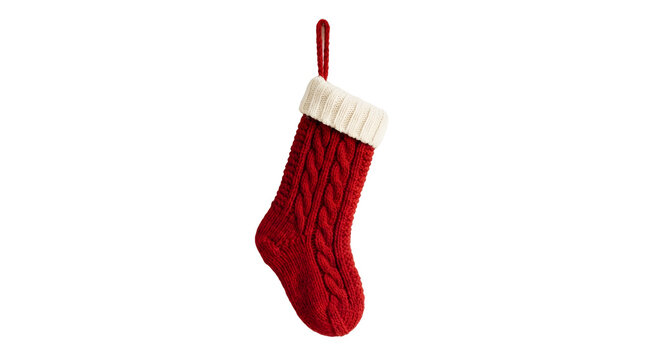 A single red knitted Christmas stocking on a plain white background, soft studio light, photorealistic, no text.