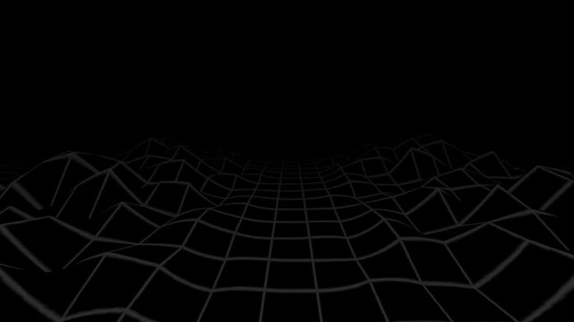 Retro futuristic dark wireframe grid landscape loop background for technology and sci fi projects.