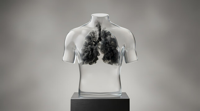 A glass torso sculpture showcasing black, smoky lungs, symbolizing respiratory health and pollution.