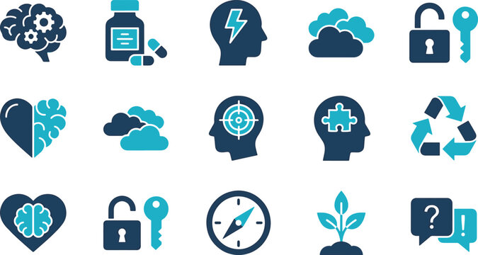 Mental health and self development icons representing brain function mindset and mindfulness with human mind thought process mental capacity psychology icon brain power psychology