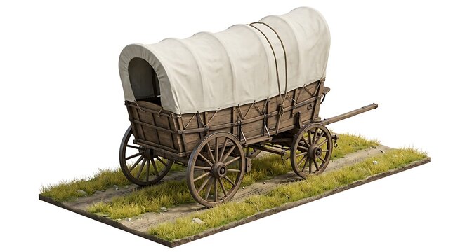 Vintage Covered Wagon on a Dirt Path Isolated on a Clean White Background