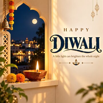 Happy diwali greeting card with a burning oil lamp on a windowsill overlooking an illuminated indian city