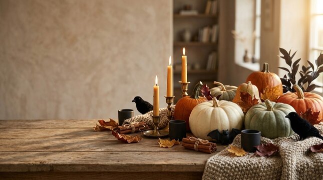 Cozy Autumn Halloween Still Life with Pumpkins, Candles and Seasonal Decorations