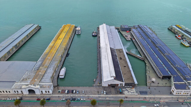 San Francisco ferry building and piers aerial view