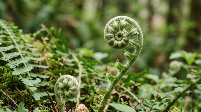 Close up of green fern fiddleheads unfurling in lush forest undergrowth, showcasing intricate spiral patterns and natural botanical growth during vibrant spring season