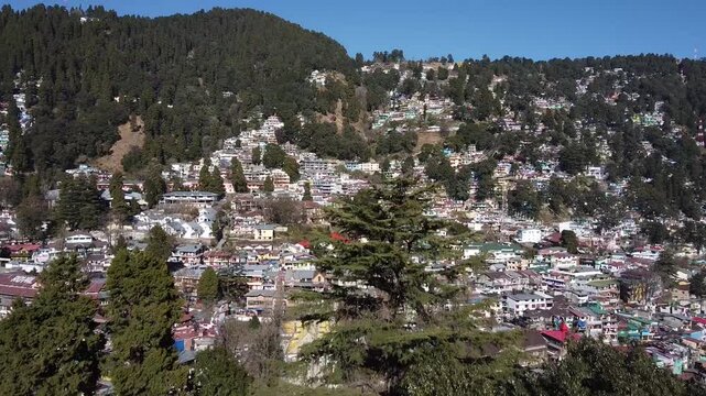 Aerial View of Crowded Hillside Houses and Buildings in Mallital, Nainital, Uttarakhand, India